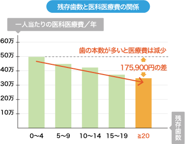 残存歯数と医科医療費の関係のグラフ